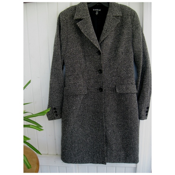bebe Jackets & Blazers - Bebe Black White Textured Long Jacket Coat Wool 12